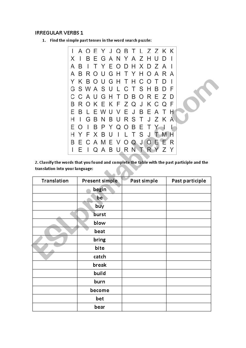 Irregular verbs 1 worksheet