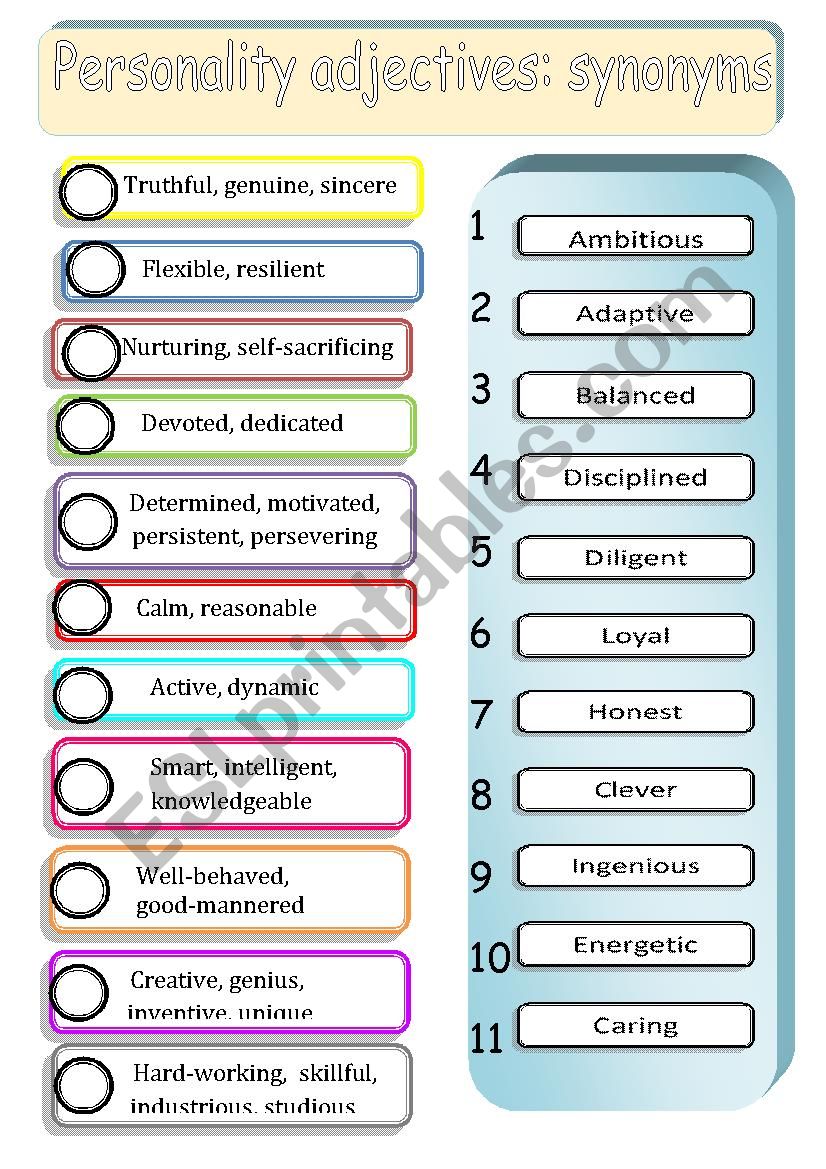 Character adjectives worksheet