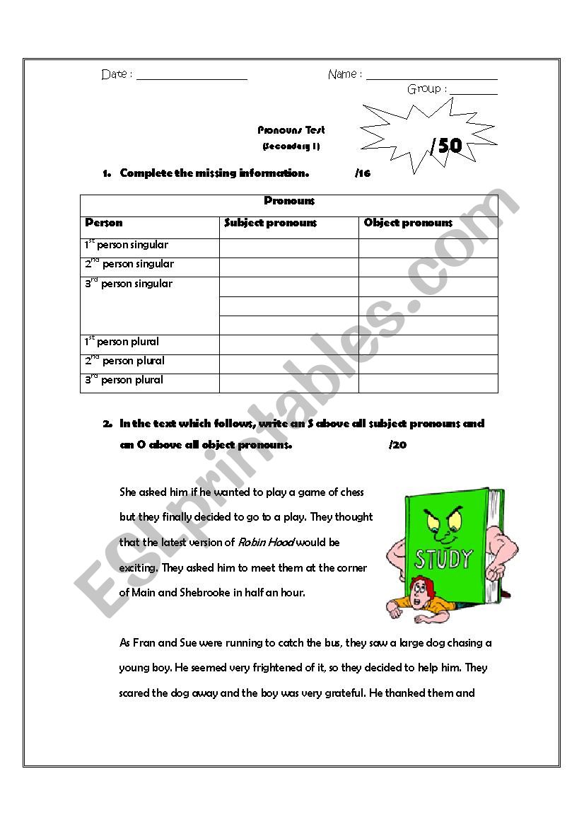 Pronouns Test worksheet