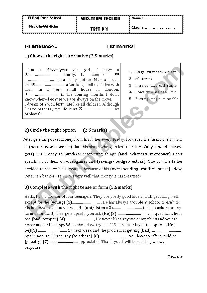 MID Term TEST 1 worksheet