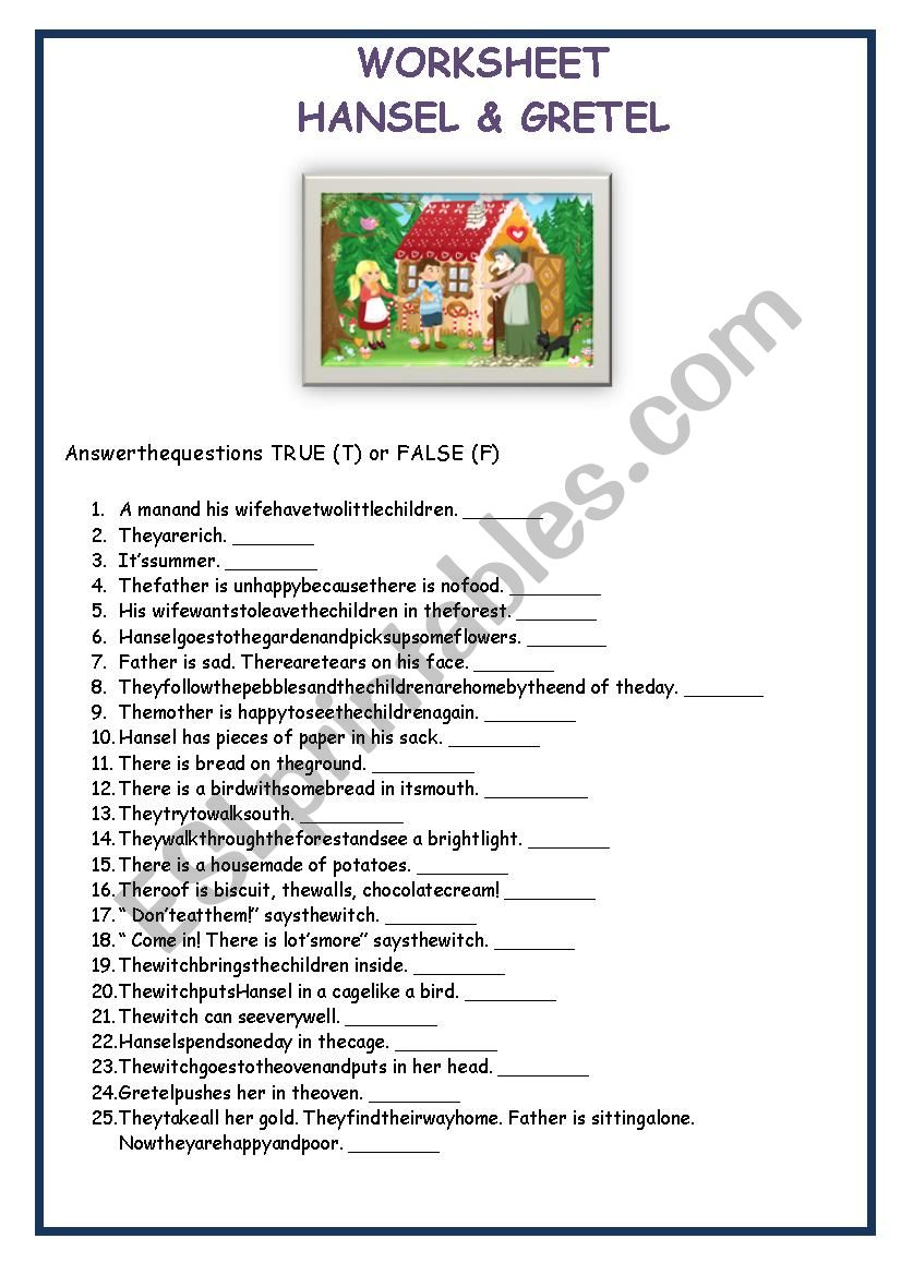 Hansel and Gretel worksheet