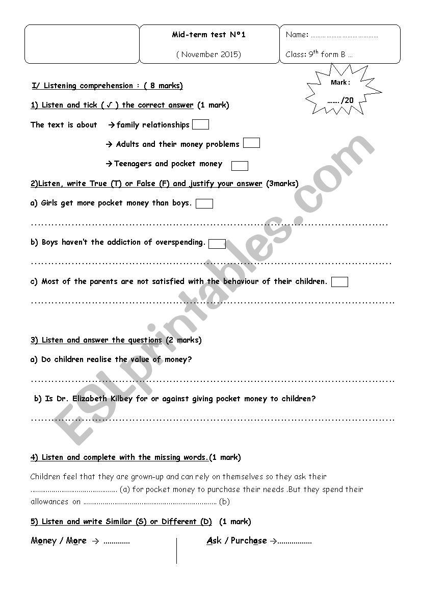 mid term 1 for tunisian 9th form