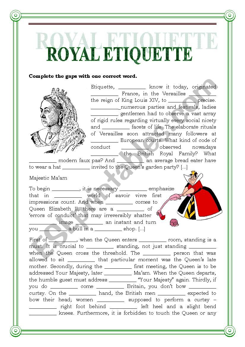 ROYAL ETIQUETTE GAP FILLING AND READING COMPREHENSION with a key 