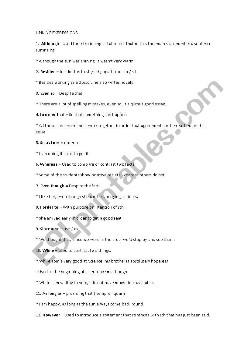 LINKING EXPRESSIONS worksheet