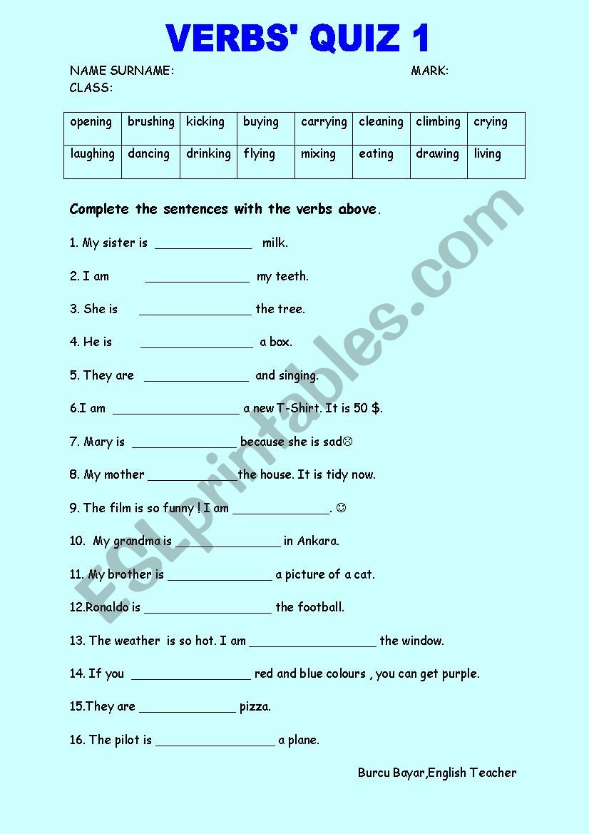 Action Verbs Quiz 1 worksheet