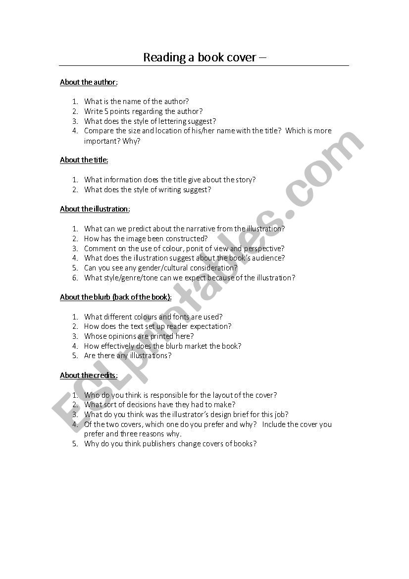 Reading a book cover worksheet