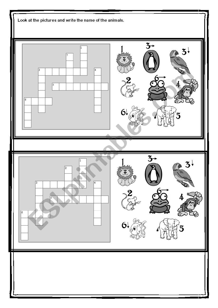 Animals crossword worksheet