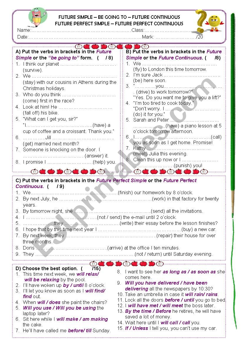 Future tenses - TEST worksheet