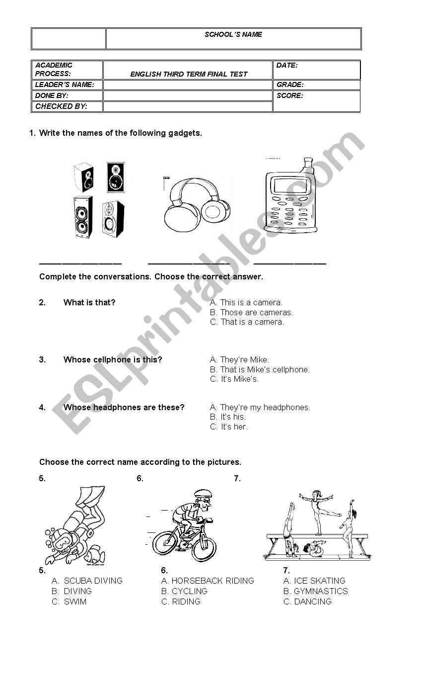 FINAL THIRD TERM TEST worksheet