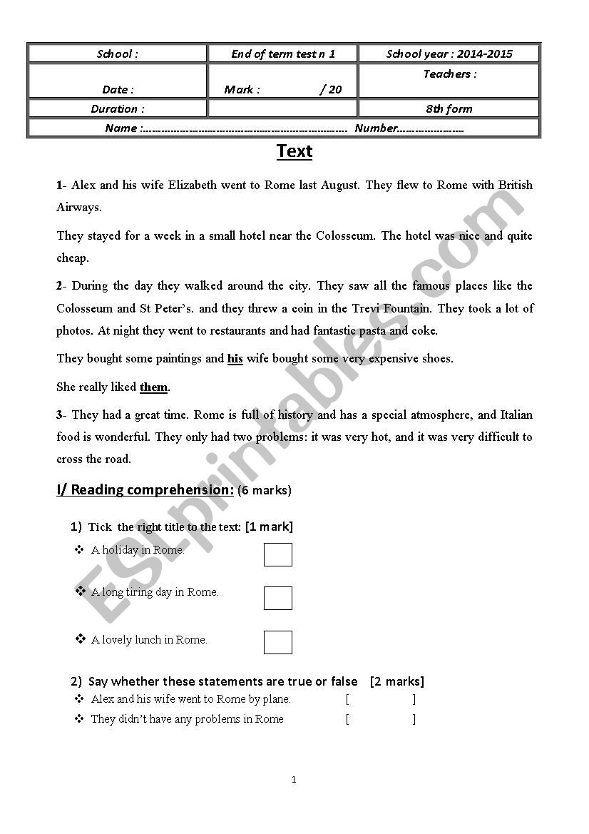 full term test worksheet