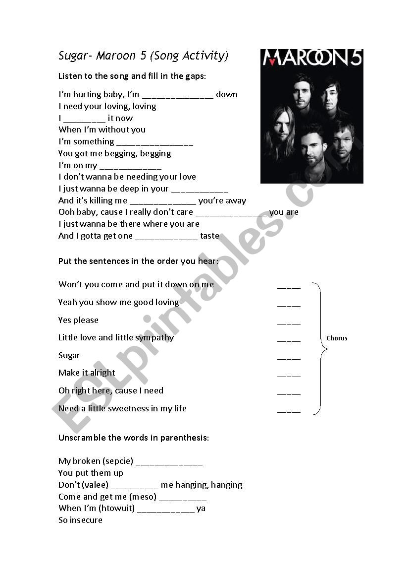 Sugar Maroon 5 Song Worksheet worksheet