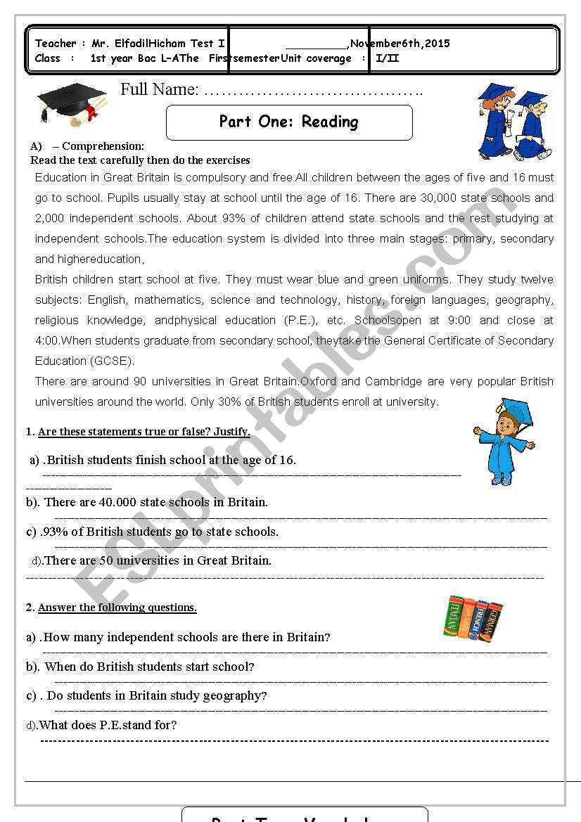 Test 1 Education worksheet