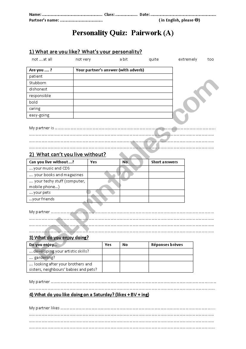 Personality Quiz Pairwork worksheet