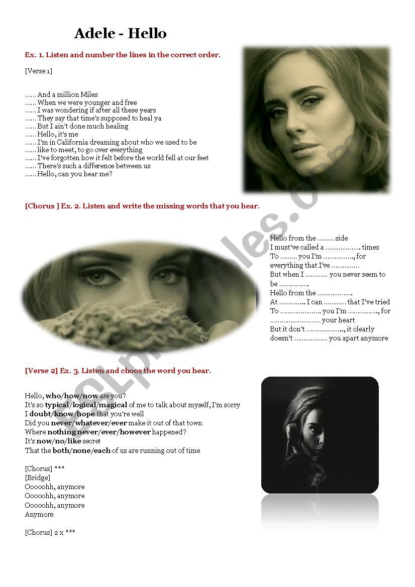 Listening - ADELE - Hello worksheet