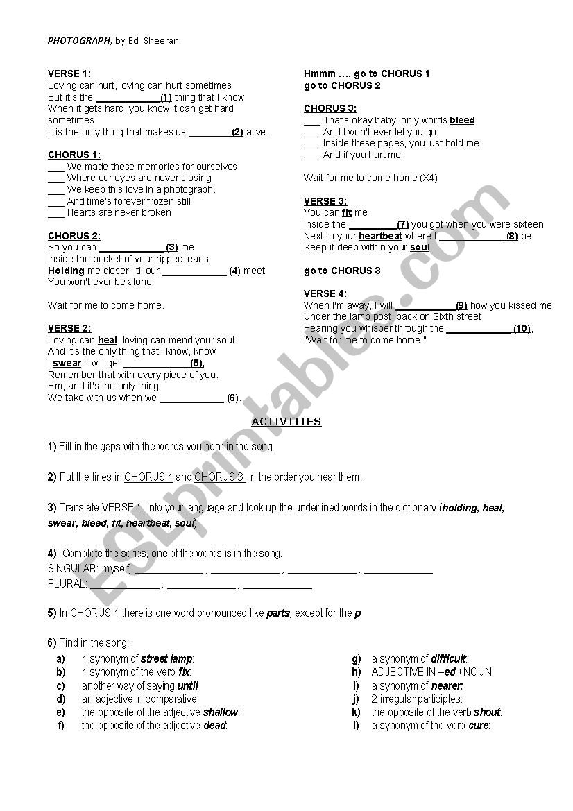 Song PHOTOGRAPH by Ed Sheeran worksheet