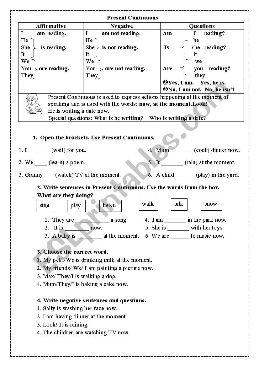 Present Continuous table and exercises