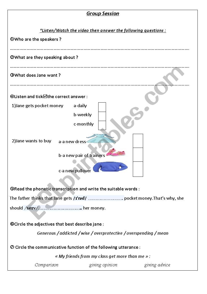 POCKET MONEY VIDEO SESSION worksheet