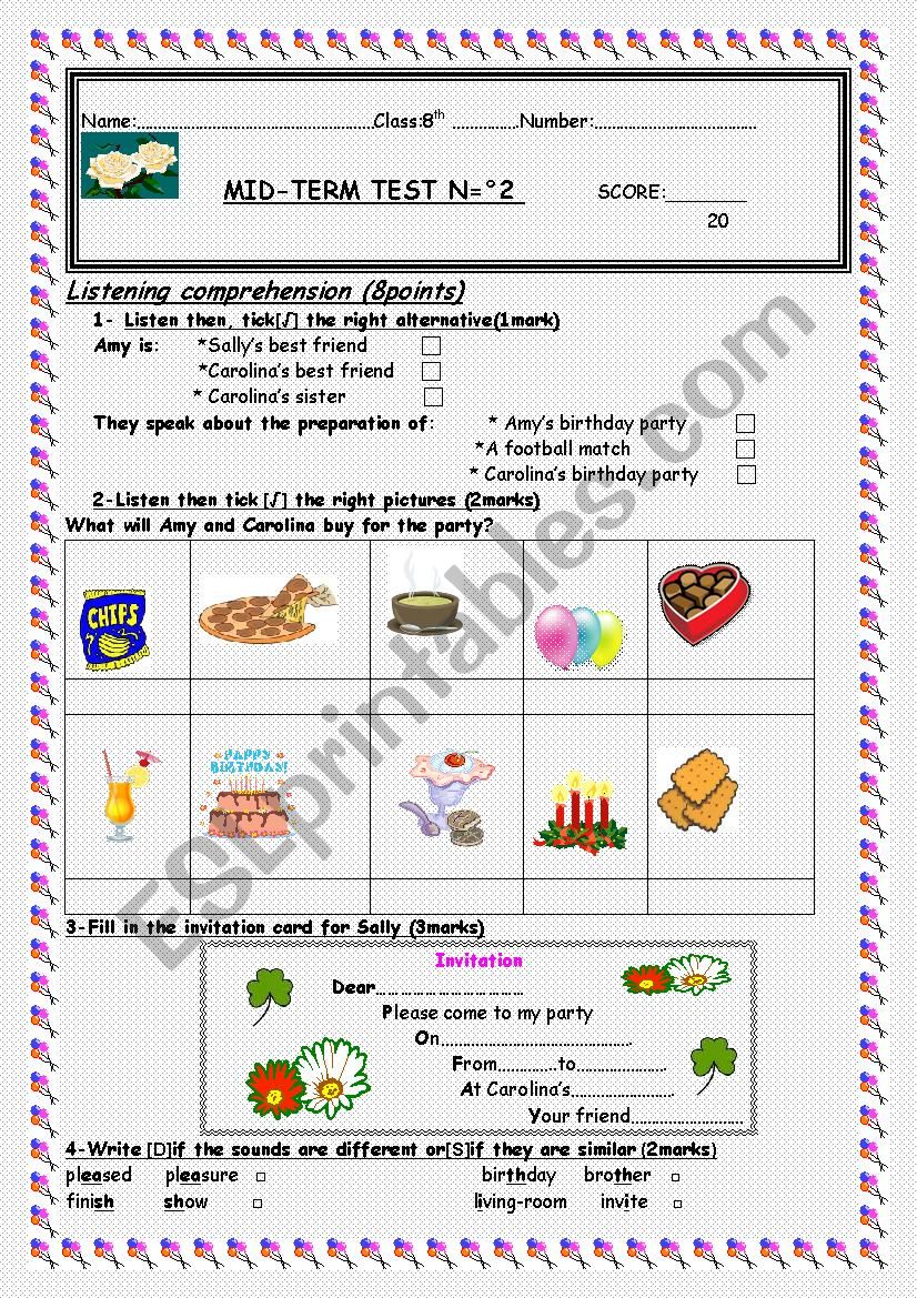 mid term test n:2 8th form worksheet