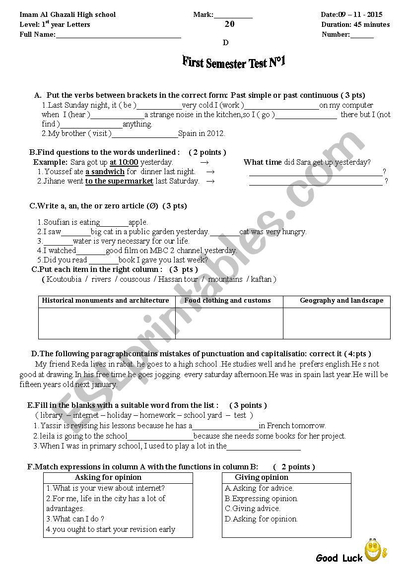 English test for first year bac students