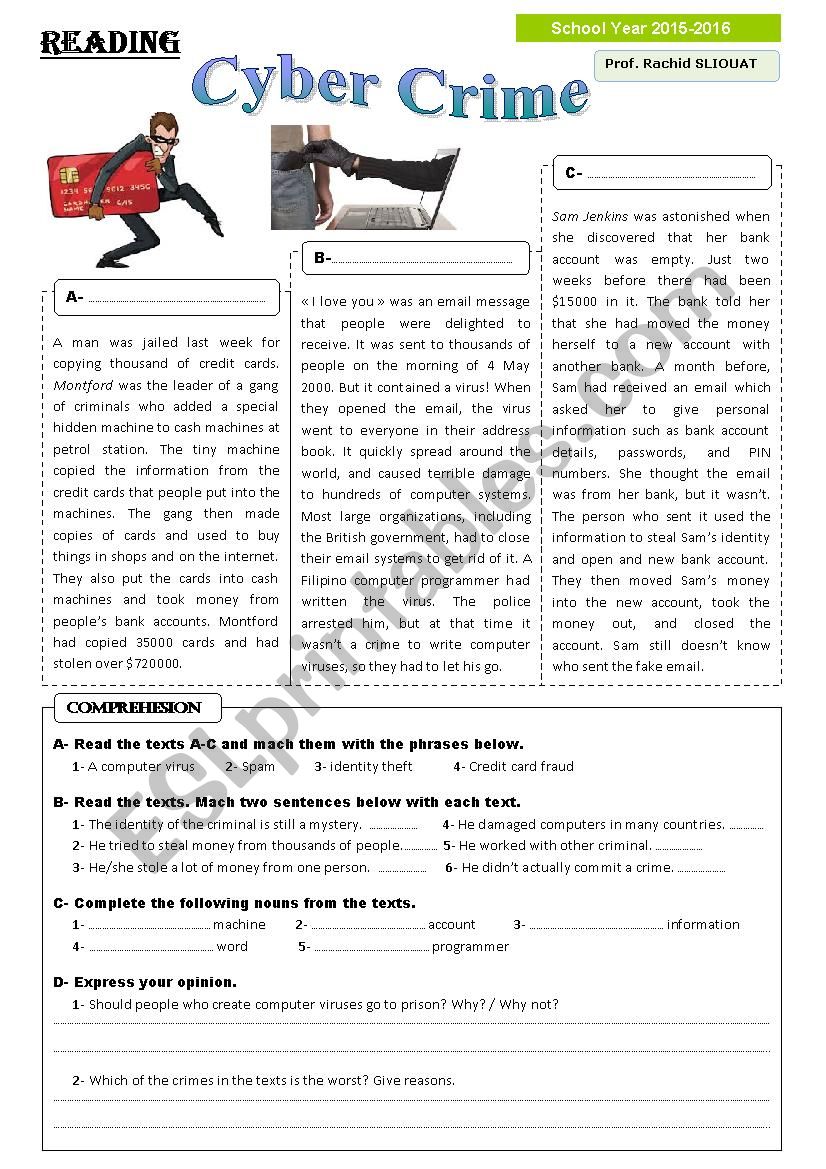 Cyber Crimes worksheet