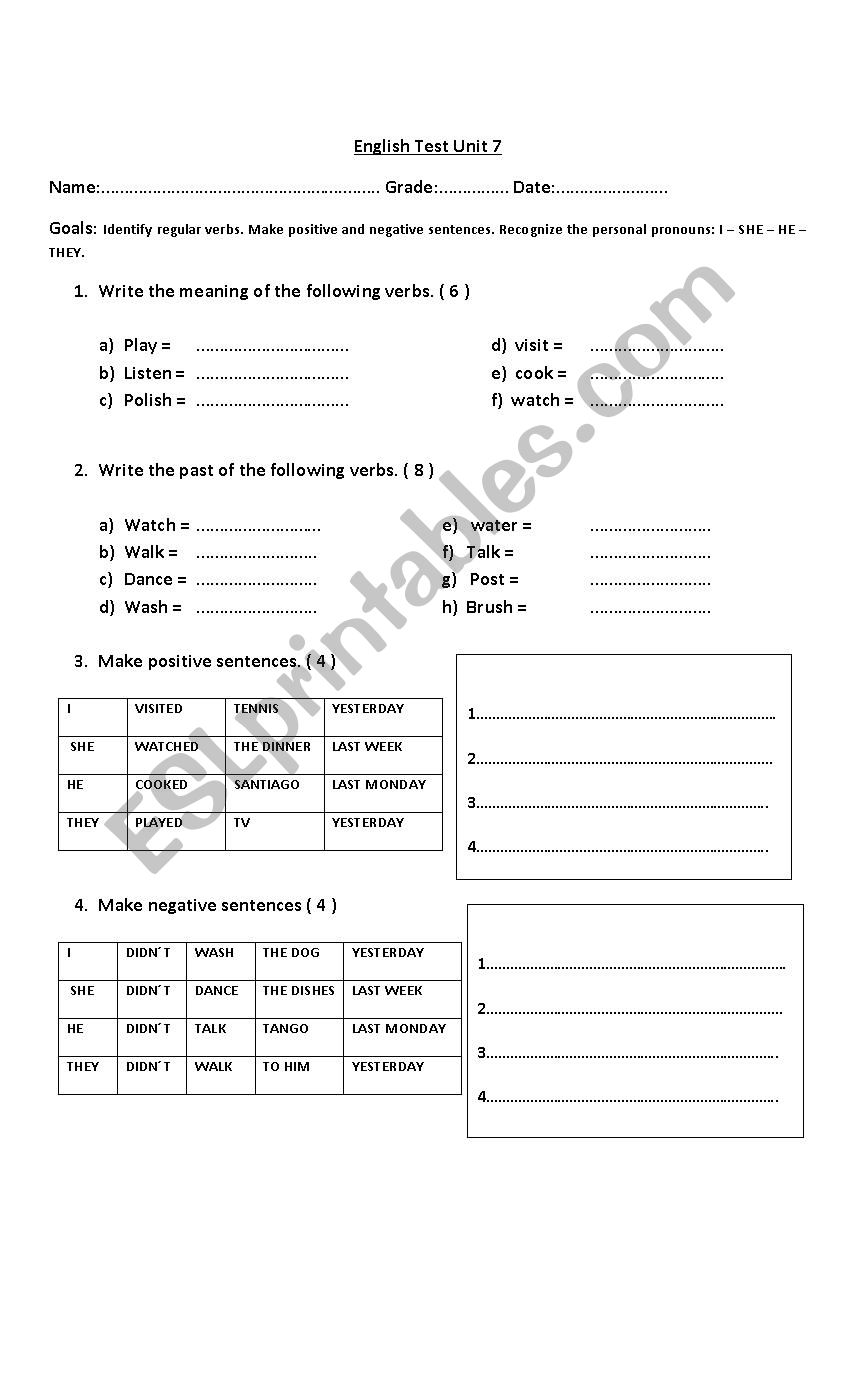 Unit 7 Past tense worksheet