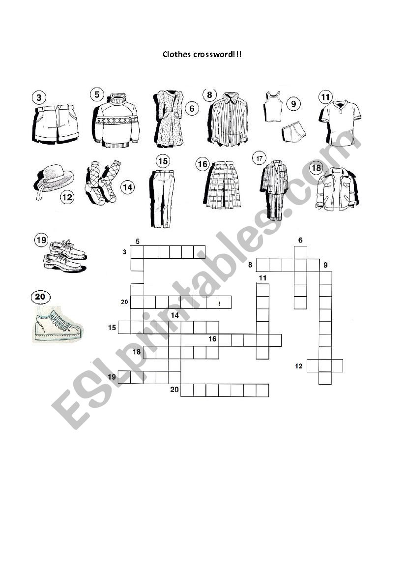 Clothes crossword worksheet