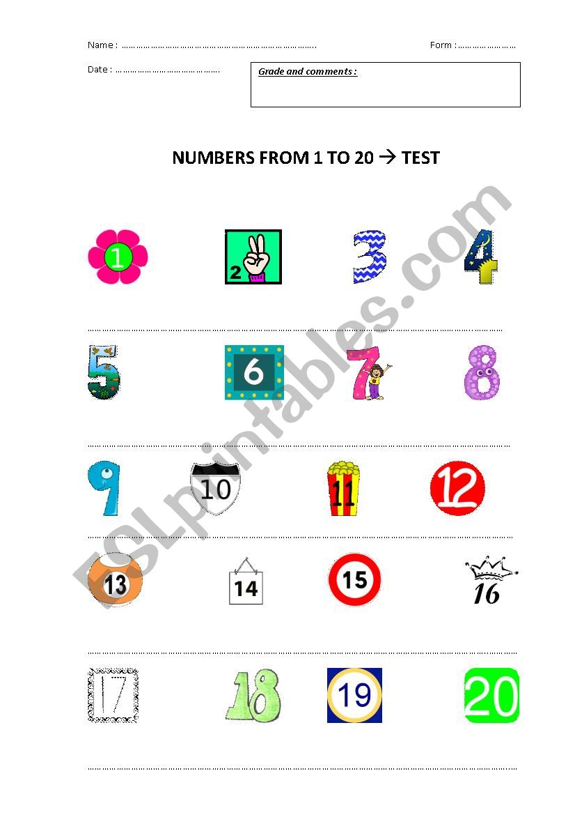 TEST : numbers from 1 to 20 worksheet