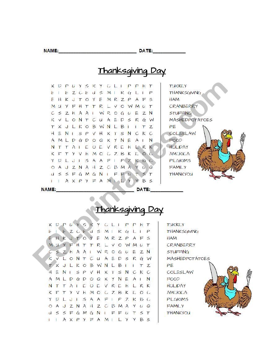 Thanksgiving Word Search worksheet