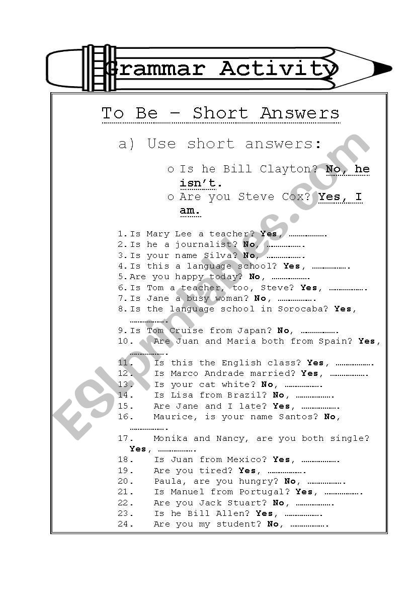 To be - short answers worksheet