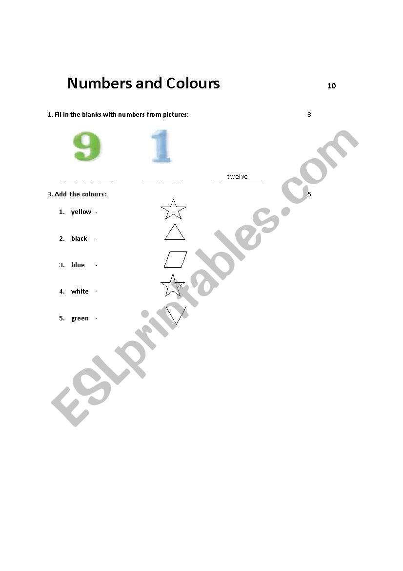 Numbers and Colours worksheet