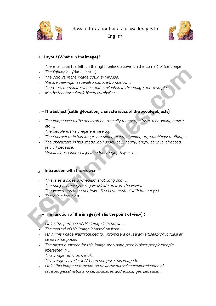 Analysing images in English worksheet