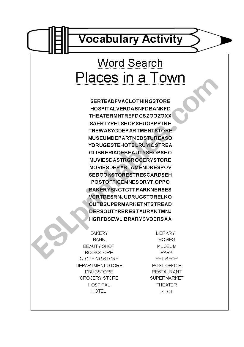 Word Search - Places in a Town