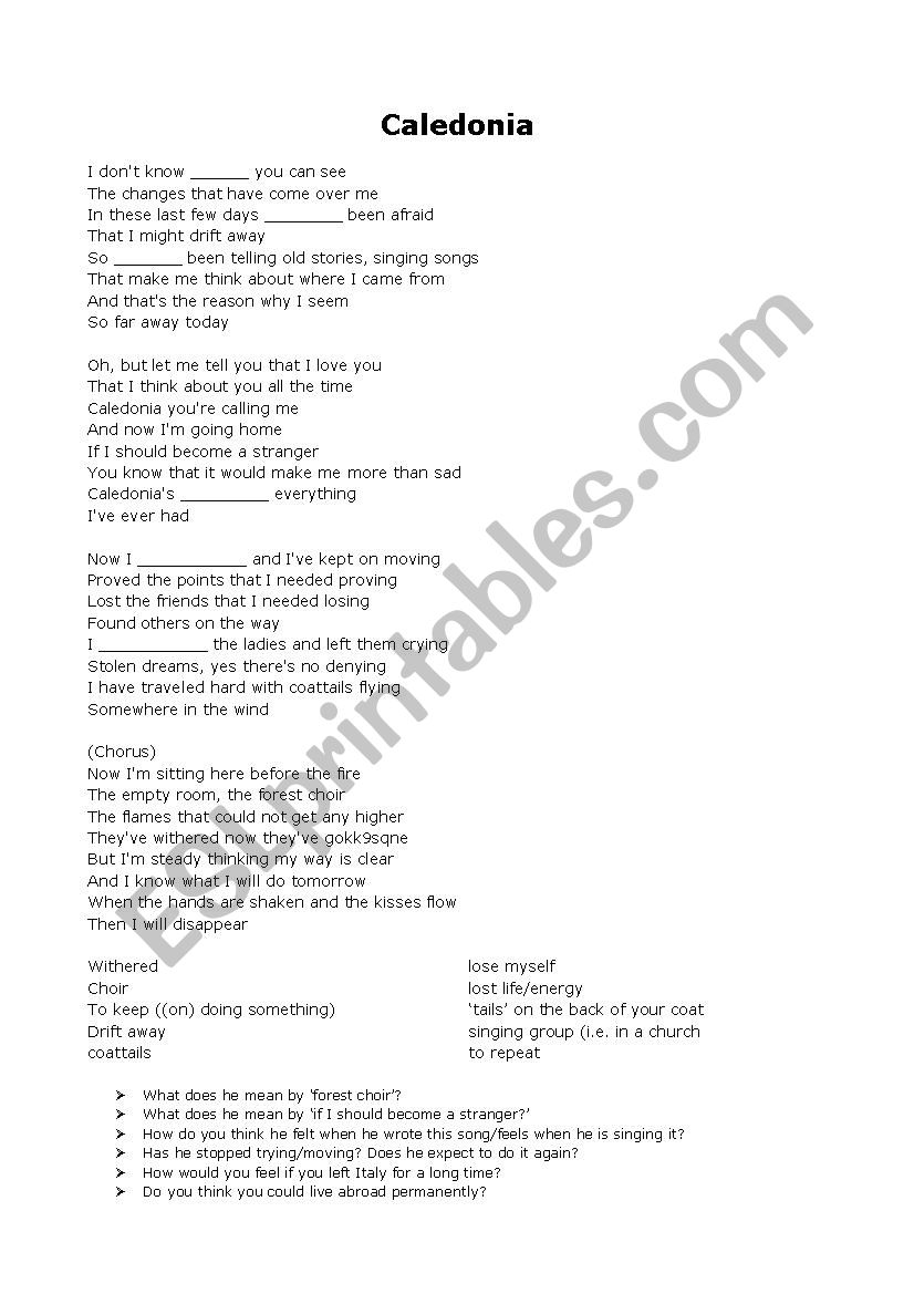 Caledonia (song) worksheet