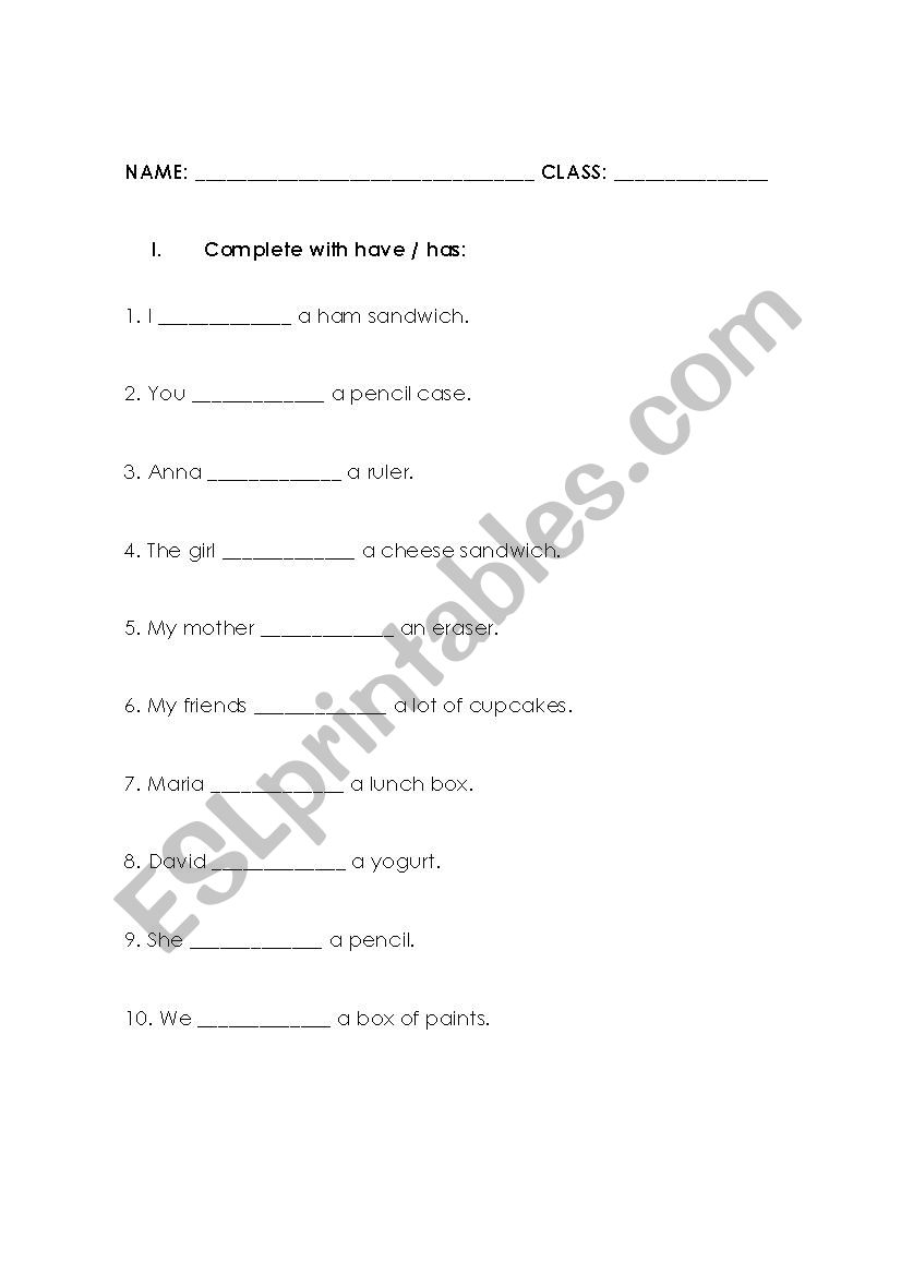 Have/Has worksheet