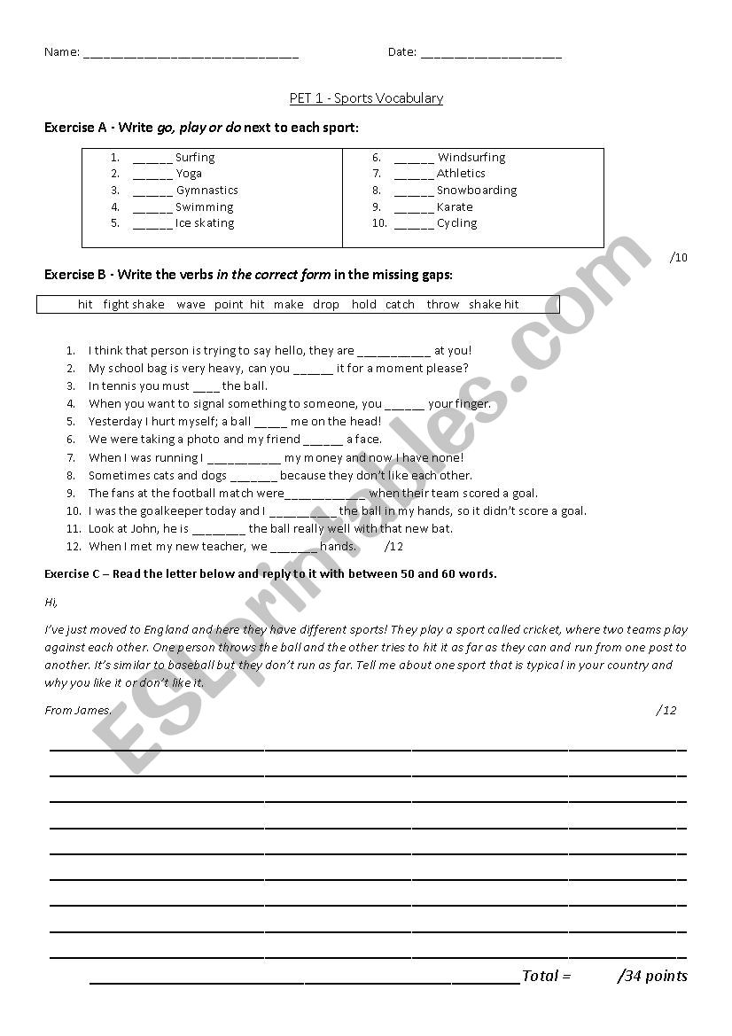 PET B1 level sports test worksheet