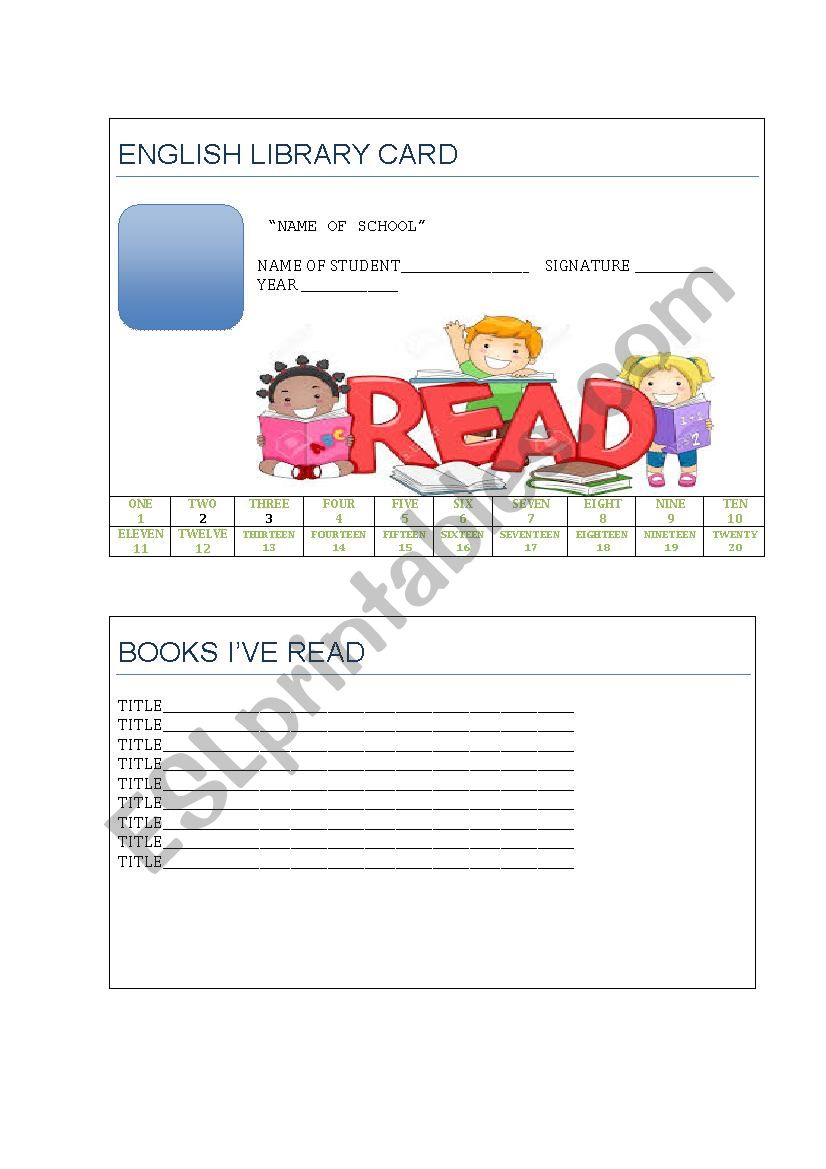 ENGLISH LIBRARY CARD worksheet