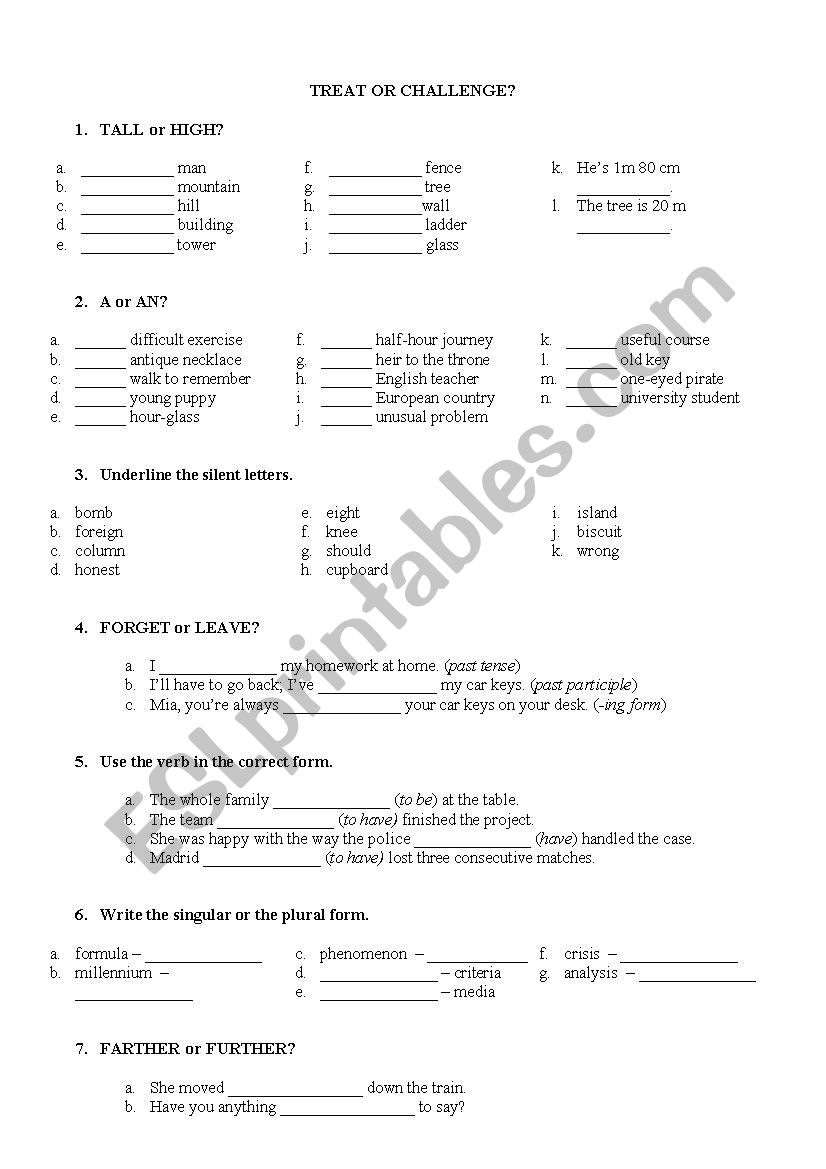 Treat or Challenge - C1, C2 worksheet