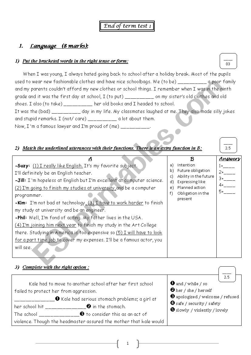 end of term test 1 (9th formes / language+writing)