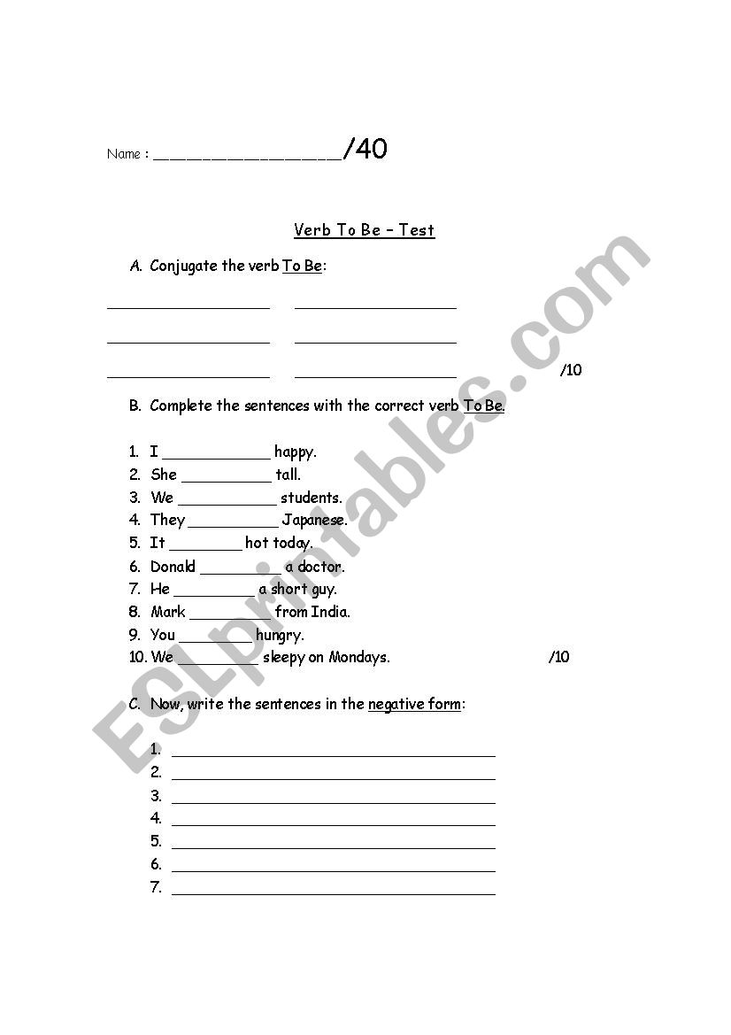 Verb To Be (test) worksheet