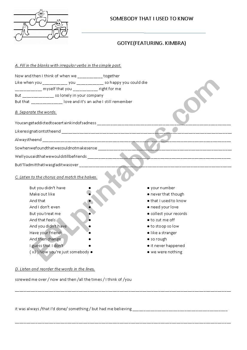 Somebody that I used to know worksheet