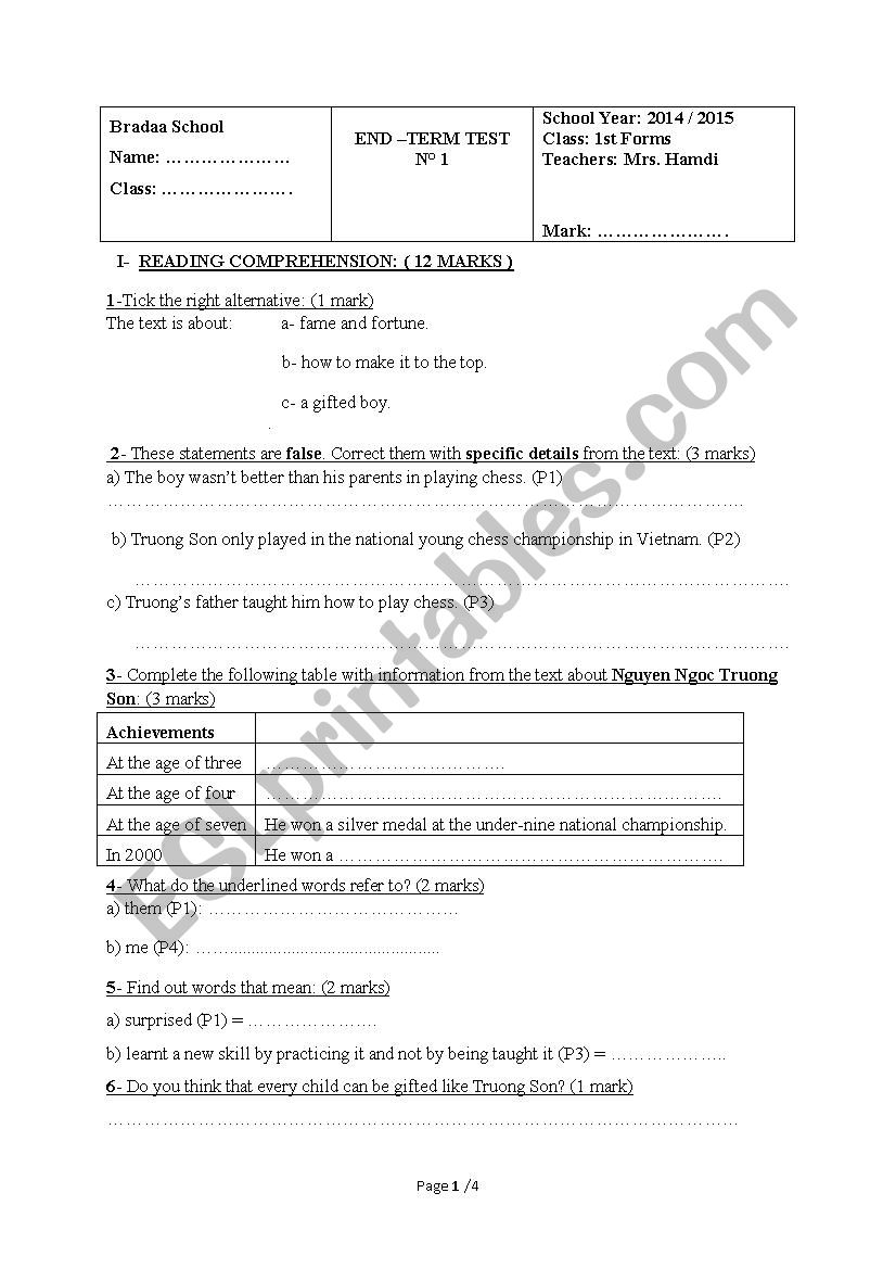 Prodigy Reading. First year End-term test 1