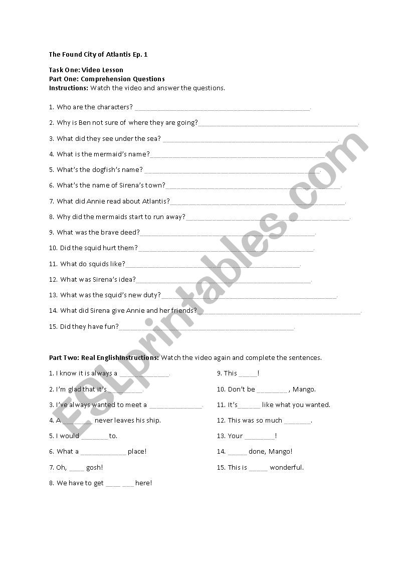 The found city of Atlantis worksheet