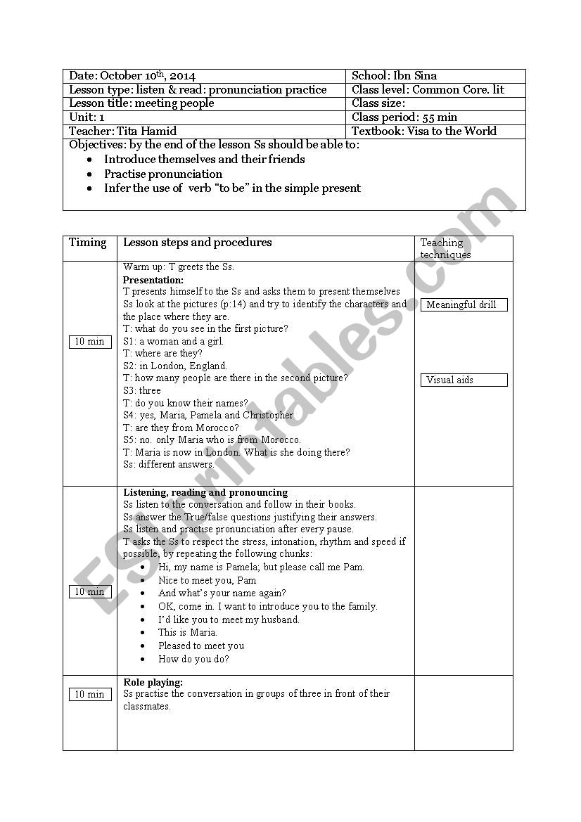 common core lesson plan visa textbook