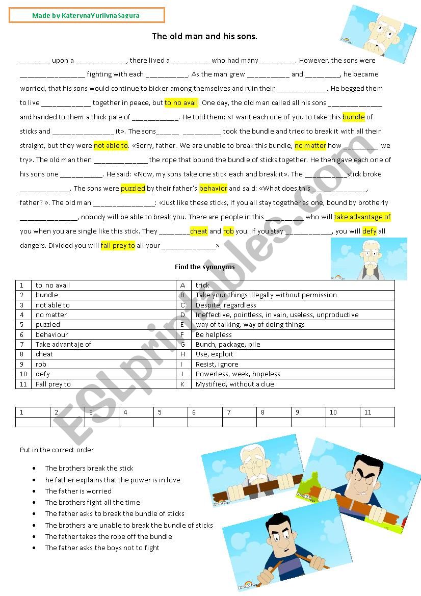 The old man and his sons worksheet