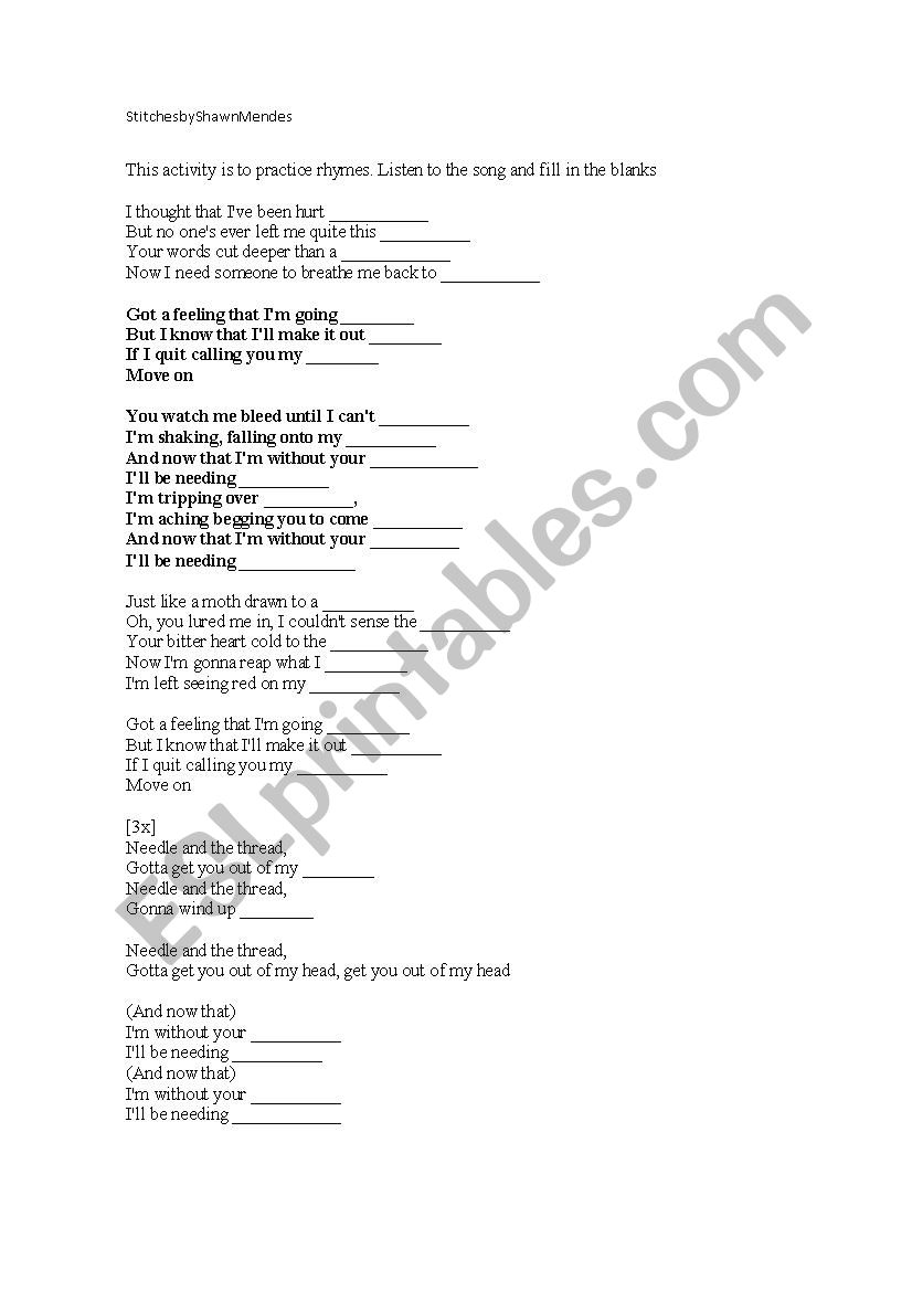 Song to practice rhymes worksheet