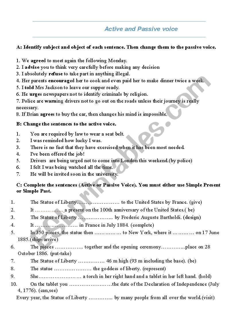 Active and Passive voice worksheet