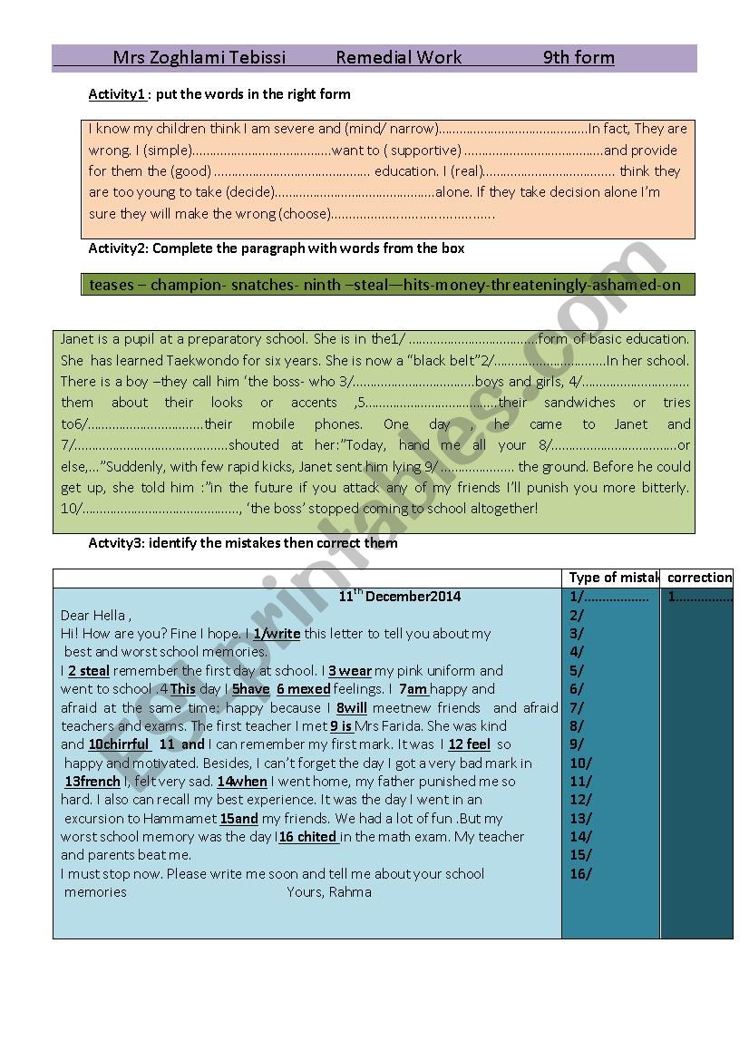 remedial work worksheet