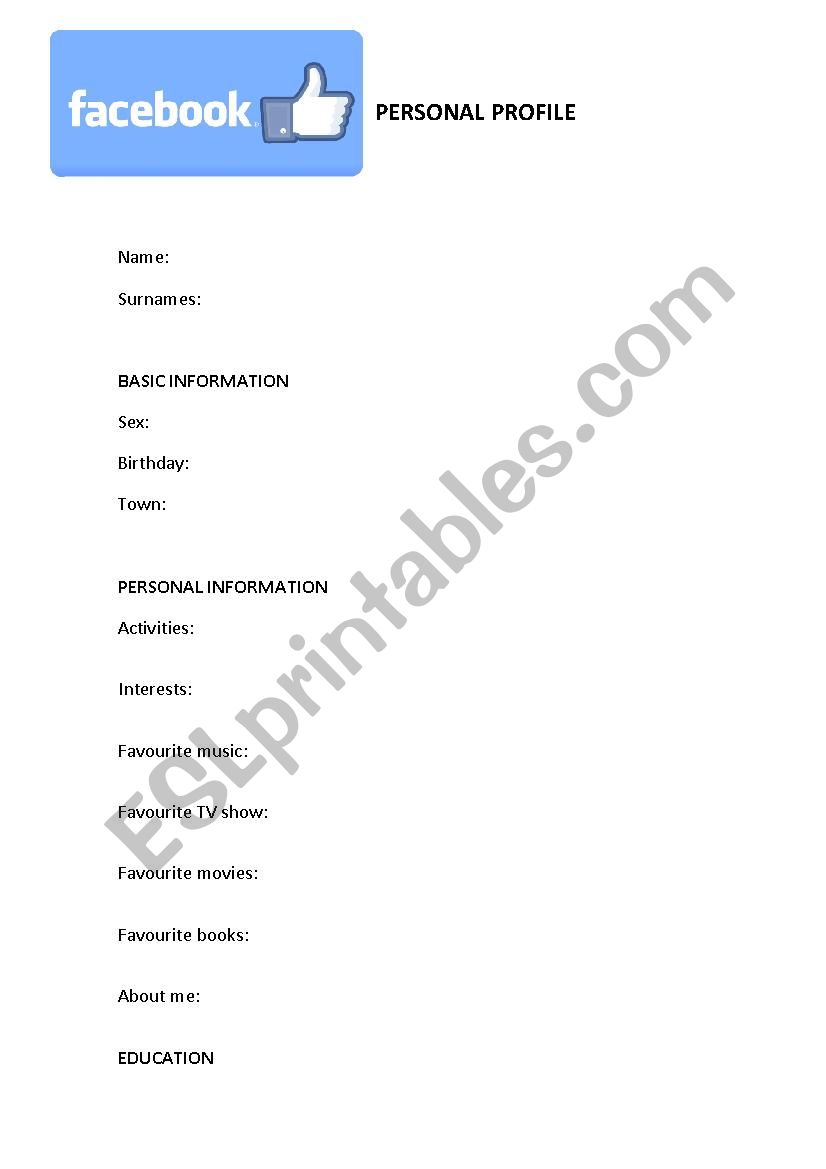 Personal profile Facebook worksheet
