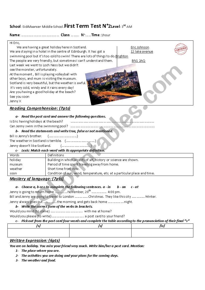 post card test  worksheet