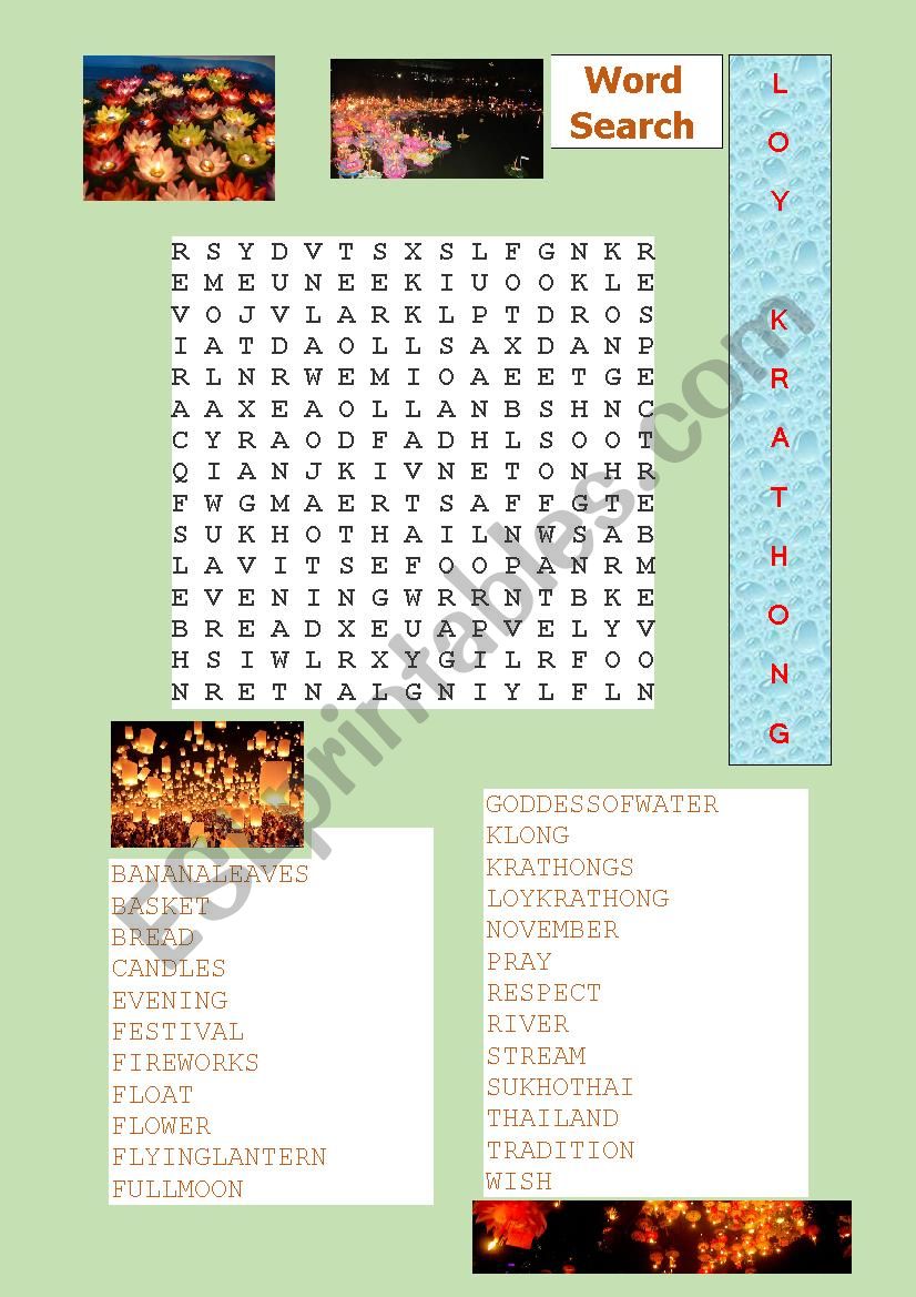 Loy Krathong Word Search. worksheet